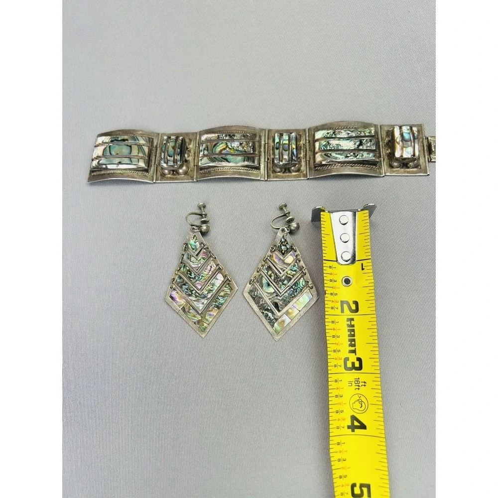 Sterling Silver Set‎ Of Mexican Cuff Bracelet And Dangle Earrings .925 Fan Fan